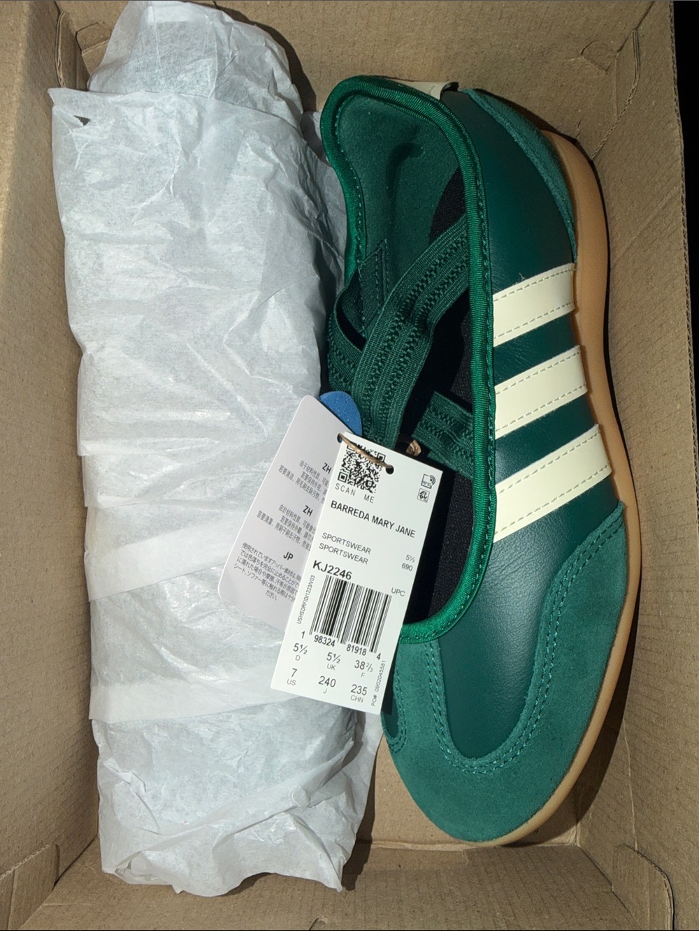 adidas Green Barreda Mary Jane Slip-On Loafers with Cream Stripes